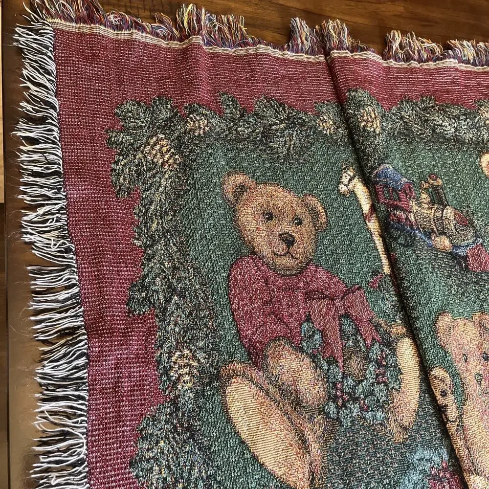 Christmas Teddy Bear Tapestry Fringe Throw Blanket Holiday Decor 52 x46